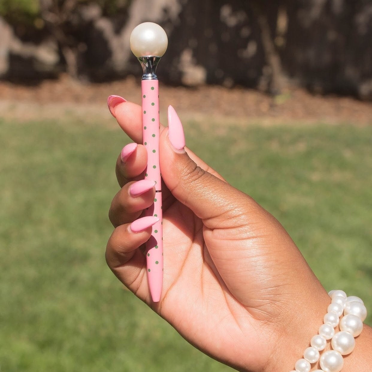 Elegant Pearl Pen with Polka Dots | Pink and green