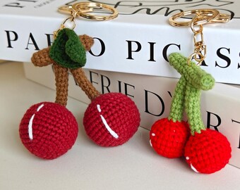 Crochet Cherry Keychain, Cotton Blend Yarn Fruit Twin Berries Charm, Zinc Alloy Ring Single Multi Pack