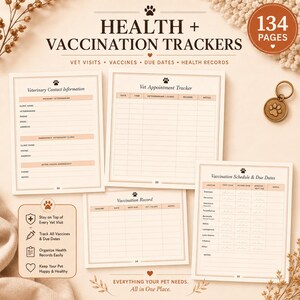 May include: A set of printed health and vaccination trackers for pets featuring pages for veterinary contact information, appointment tracking, and vaccination schedules. The documents include paw print icons, tables for data entry, and the text 134 PAGES.
