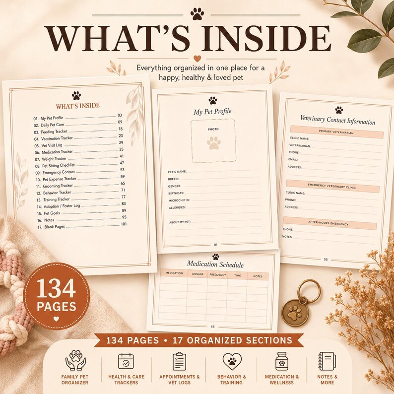 May include: A pet planner with 134 pages and 17 organized sections. The pages feature a table of contents, a pet profile, veterinary contact information, and a medication schedule. The design includes paw print icons and text headers.