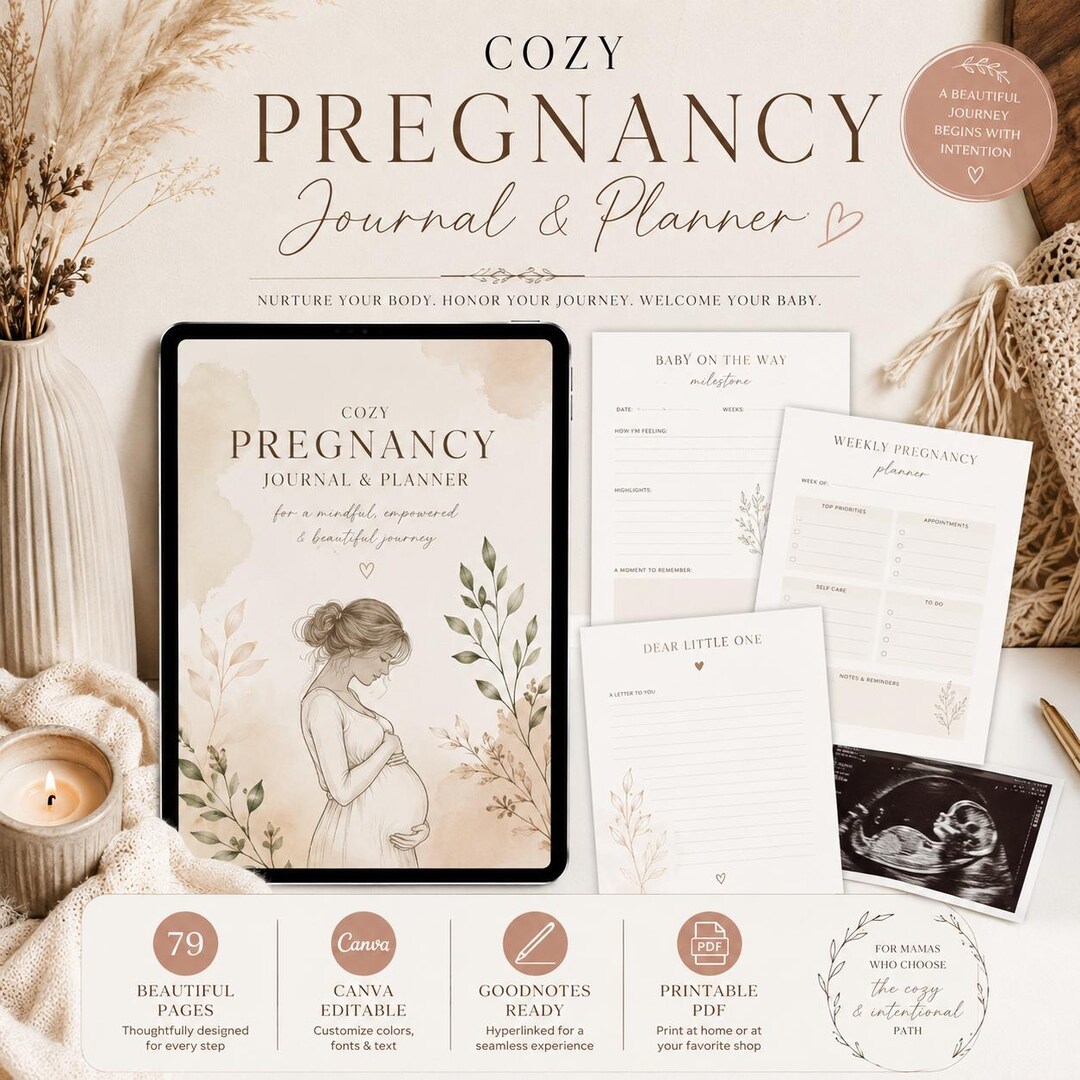 Cozy Pregnancy Journal &amp; Planner | Canva Editable Pregnancy Planner | Goodnotes Pregnancy ...