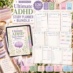 May include: A digital ADHD study planner bundle featuring 120 pages, including a daily planner, weekly study plan, assignment tracker, and habit tracker. The set includes a tablet displaying the cover, printable sheets, and icons for PDF and Canva.