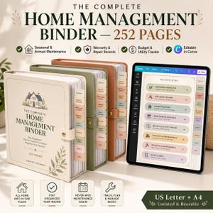 May include: Three home management binders in cream, sage green, and terracotta, each with tabbed dividers and a snap closure. A tablet displays the digital version of the 252-page binder, featuring sections for seasonal checklists, maintenance, and budget tracking.