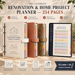 May include: The Ultimate Renovation & Home Project Planner with 254 pages, featuring three ring-bound planners in cream, terracotta, and olive, alongside a tablet displaying a digital renovation dashboard with tabs for budget, contractors, and materials.