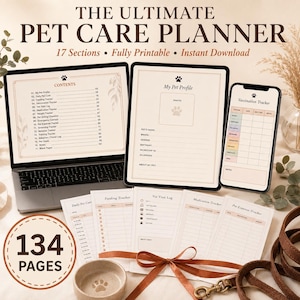 May include: A digital pet care planner displayed on a laptop, tablet, and smartphone screen, alongside printed pages featuring trackers for feeding, vet visits, medication, and expenses. The set includes 134 pages with a paw print motif and text.