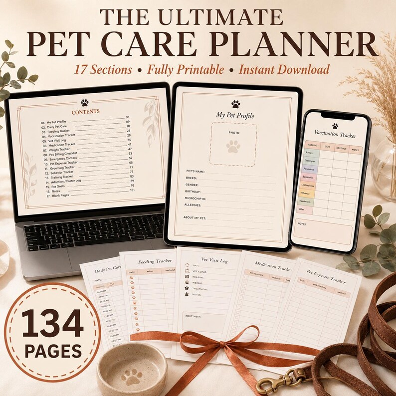 May include: A digital pet care planner displayed on a laptop, tablet, and smartphone screen, alongside printed pages featuring trackers for feeding, vet visits, medication, and expenses. The set includes 134 pages with a paw print motif and text.