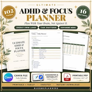 Ultimate ADHD Planner for Adults 102 Page Printable ADHD Organizer | Time Blindness Task Breakdown Dopamine Menu | Canva Editable US Letter