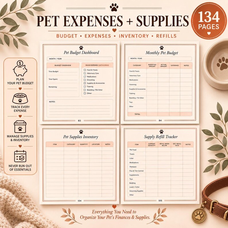 May include: A 134-page pet expense and supply planner featuring four distinct tracking templates: Pet Budget Dashboard, Monthly Pet Budget, Pet Supplies Inventory, and Supply Refill Tracker. The pages include columns for categories, amounts, and notes, with paw print icons and text headers.