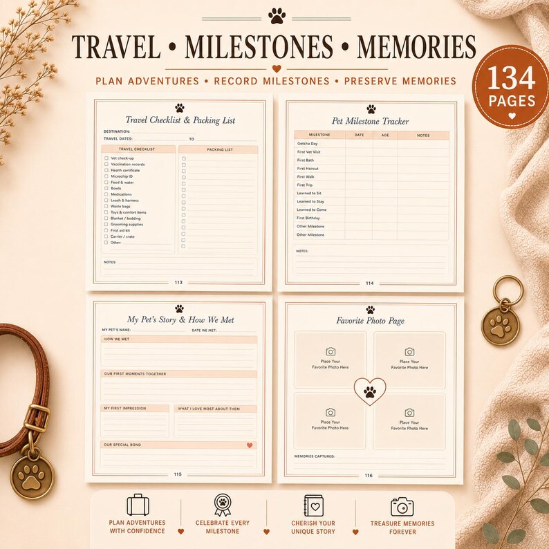 May include: A pet journal featuring four pages titled Travel Checklist & Packing List, Pet Milestone Tracker, My Pet's Story & How We Met, and Favorite Photo Page. The pages include checkboxes, lines for notes, and photo frames with paw print icons.