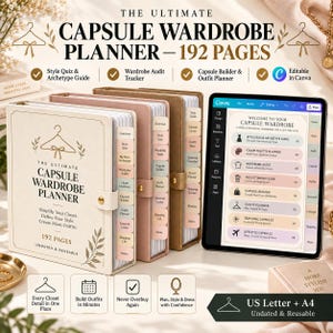 Puede incluir: Tres agendas físicas tituladas The Ultimate Capsule Wardrobe Planner de 192 páginas y una tableta digital que muestra la misma interfaz en Canva. Las agendas cuentan con secciones con pestañas, cierres dorados y cubiertas en color crema, rosa y marrón.