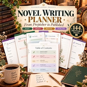 Novel Writing Planner Printable PDF, Plot Outline Workbook, Character Sheets, Story Bible, Preptober 50K Word Count Tracker, Author Gift
