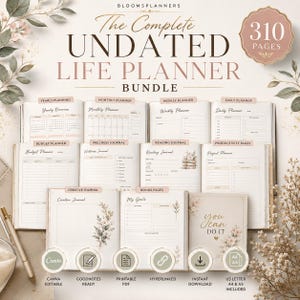 May include: A digital life planner bundle titled The Complete Undated Life Planner Bundle with 310 pages. It includes templates for yearly, monthly, weekly, and daily planning, budget, wellness, reading, project, and creative journals, and goal pages.