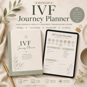 May include: An IVF Journey Planner with a cream cover featuring green leaf illustrations and the text IVF Journey Planner. Beside it, a tablet displays an IVF Cycle Overview page with sections for cycle summaries, reminders, and daily check-ins.