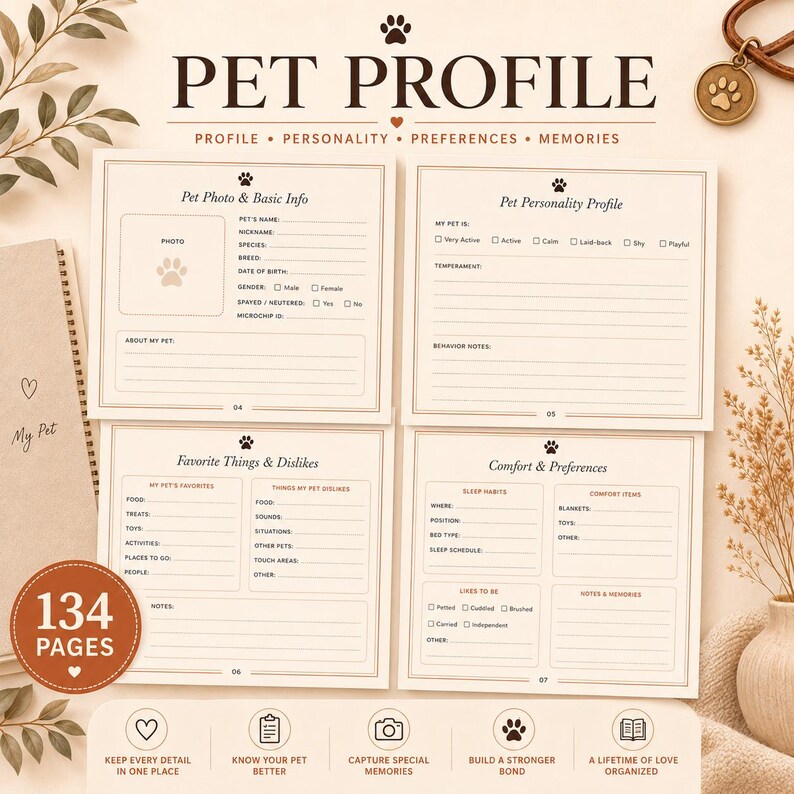 May include: A pet profile journal with 134 pages featuring sections for pet photo, basic info, personality, favorite things, dislikes, comfort, and preferences. The pages are cream-colored with brown text and paw print icons throughout.