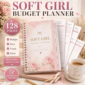 May include: A spiral-bound Soft Girl Budget Planner with a pink floral cover, featuring 128 pages, tabbed sections for finances, budget, savings, trackers, goals, and notes. The cover includes the text Soft Girl Budget Planner and Plan Save Track Glow.