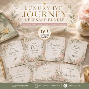 Op de afbeelding: Een luxe IVF-reis aandenkenbundel met 60 geheugenkaarten met bloemmotieven. De kaarten bevatten teksten zoals Today is Injection Day, Our IVF Journey Begins, Embryo Transfer Day, Beta Test Day, First Ultrasound Milestone en We Are So Grateful.