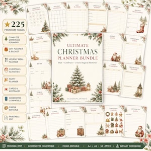 May include: A digital Christmas planner bundle featuring a central cover page titled Ultimate Christmas Planner Bundle with a tree and gifts, surrounded by various printable pages including a countdown, gift planner, budget, and meal planner.
