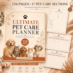 May include: A pet care planner with 134 pages and 17 sections, featuring a cover with a golden retriever, tabby cat, poodle, orange cat, and shih tzu. The cover text reads Ultimate Pet Care Planner. Includes interior pages for pet profiles, vaccination records, and medication schedules.