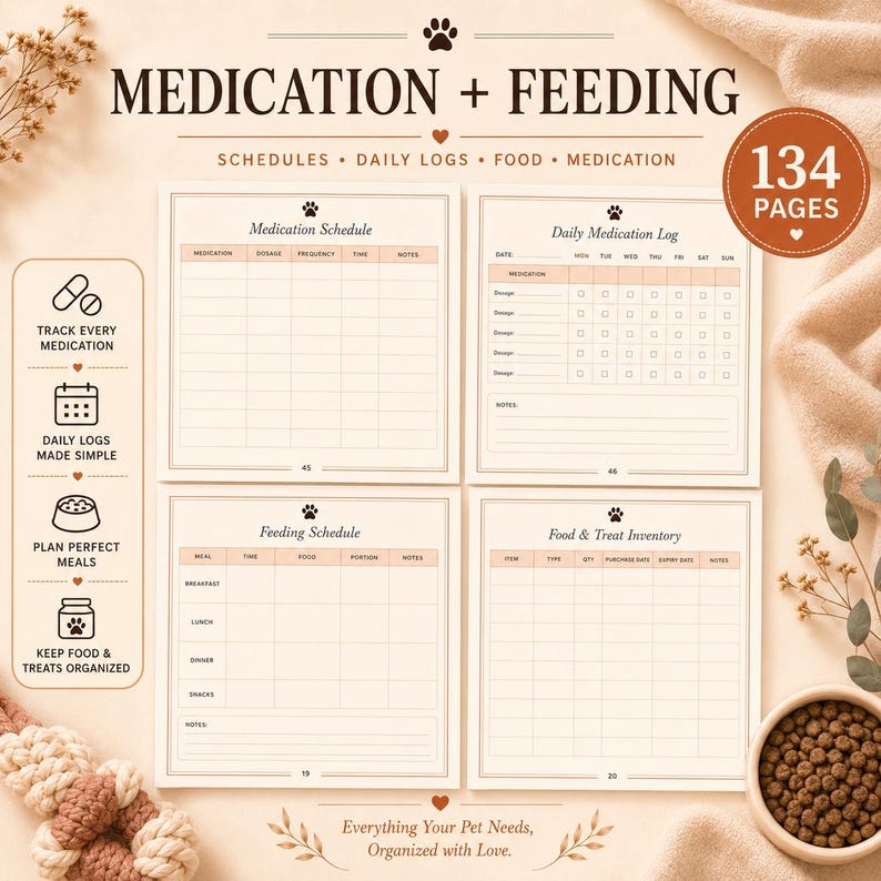 May include: A pet care planner featuring 134 pages with sections for Medication Schedule, Daily Medication Log, Feeding Schedule, and Food & Treat Inventory. The layout includes tables for tracking daily pet needs, medication, and food portions.