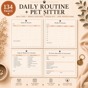 May include: A 134-page daily routine and pet sitter planner featuring four distinct page layouts. The pages include sections for daily pet routines, weekly routines, care checklists, and pet sitter information with fields for contact details and instructions.
