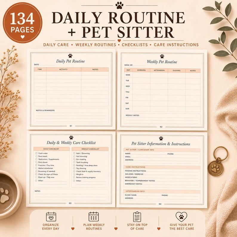 May include: A 134-page daily routine and pet sitter planner featuring four distinct page layouts. The pages include sections for daily pet routines, weekly routines, care checklists, and pet sitter information with fields for contact details and instructions.