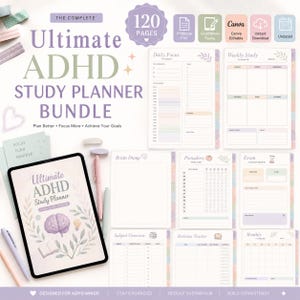 May include: A digital planner bundle titled The Complete Ultimate ADHD Study Planner Bundle with 120 pages. Includes a tablet displaying the cover, various page templates like Daily Focus, Weekly Study, Brain Dump, Pomodoro, and Exam Countdown.