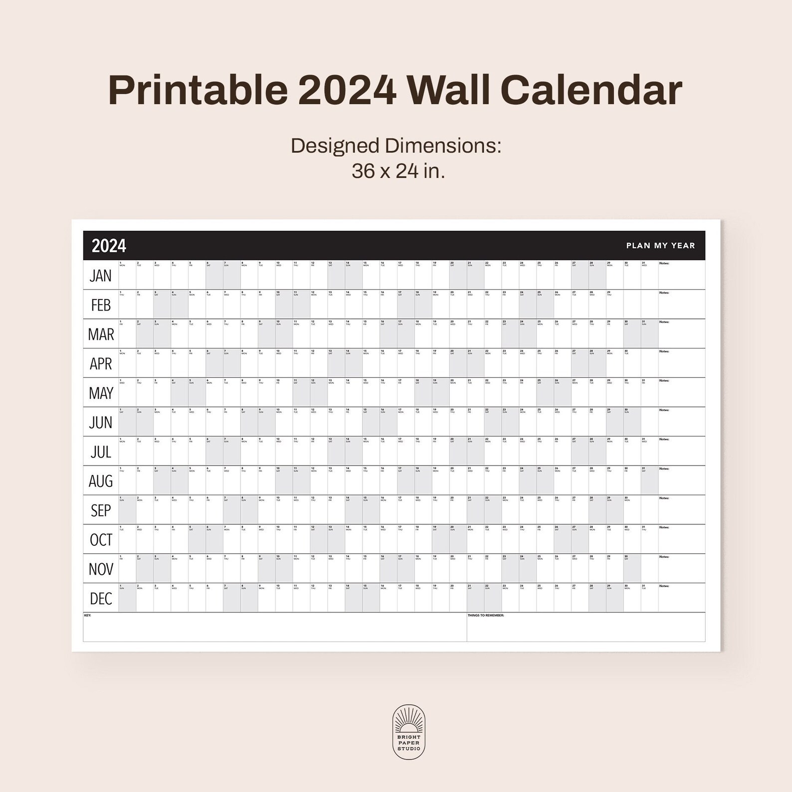 Large 2024 Wall Calendar Printable 2024 Wall Planner Annual Planner
