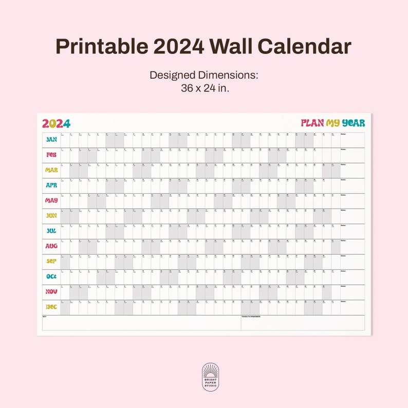 Large 2024 Wall Calendar Printable 2024 Colorful Funky Wall Planner