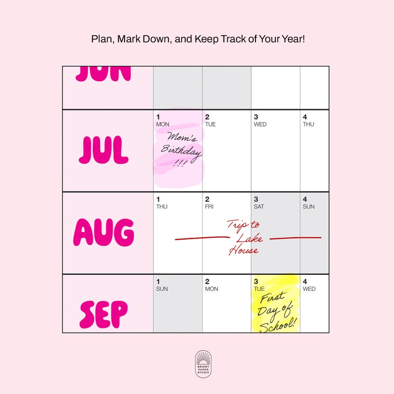 Large 2024 Wall Calendar Printable 2024 Pink Funky Wall Planner Annual