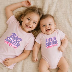 Big Sister Shirt, Bold Name Bubble Letter Toddler Tee, Little Sister Matching Set, Personalized Pregnancy Reveal Gift for Girls