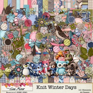 Könnte beinhalten: Ein digitales Scrapbooking-Kit mit Winterthema. Das Kit enthält 44 Papiere und 141 Elemente. Zu den Elementen gehören gestrickte Tiere, Vögel, Schleifen, Blumen und andere winterliche Designs. Die Papiere zeigen eine Vielzahl von Mustern und Farben, darunter Blau, Rosa, Grün und Braun.