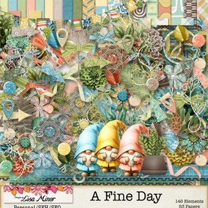 May include: A digital scrapbooking kit with a whimsical theme featuring gnomes, flowers, bows, and patterned papers. The kit includes 146 elements and 53 papers. The title of the kit is "A Fine Day".