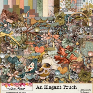 Könnte beinhalten: Digitales Scrapbooking-Kit "An Elegant Touch" mit floralen Elementen, gemusterten Papieren und dekorativen Verzierungen in Braun-, Türkis- und Orangetönen. Enthält zwei illustrierte Vögel und dekorative Bänder. 144 Elemente, 60 Papiere.