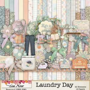 Könnte beinhalten: Ein digitales Scrapbooking-Set zum Thema Wäschetag. Das Set enthält 42 Elemente, 19 Papiere und 6 Glitzerpapiere. Das Set enthält eine Vielzahl von Bildern, darunter eine Waschmaschine, ein Bügeleisen, Kleidung und Wäschekörbe. Das Set enthält auch eine Vielzahl von Textelementen, wie "Wäschetag", "Loads of Fun Wäschezimmer" und "Das Leben ist zu kurz, um Spannbettlaken zu falten".
