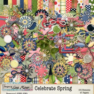 Puede incluir: Un kit de scrapbooking digital colorido con temática de primavera. La imagen presenta varios papeles estampados, flores decorativas, lazos y adornos en tonos rojos, azules, verdes y amarillos. El texto "Celebrate Spring" es visible.
