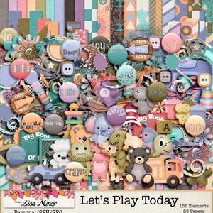 May include: A digital scrapbook kit with 155 elements and 55 papers featuring a colorful, whimsical design with a variety of cute animal illustrations, including a bear, elephant, giraffe, and a monster. The kit includes a variety of buttons, banners, and other embellishments. The text "Let's Play Today" is featured in the center of the image.