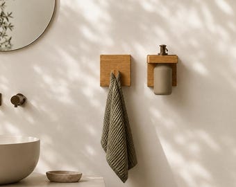 Bathroom Organizer Set | Oak Soap Dispenser & Towel Hook | Wall Mounted Bathroom Storage | Japandi Bathroom | Minimalist Decor