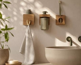 Bathroom Organizer Set | Oak Soap Dispenser, Wall Hook & Holder | Japandi Bathroom Decor | Minimalist Wall Storage Set