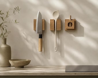 Kitchen Set | Magnetic Knife Holder, Utensil Holder & Spice Holder | No drill mounting for wall | Handmade Natural Kitchen Decor