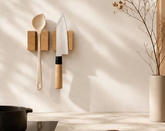 Kitchen Starter Set | Magnetic Knife Holder & Utensil Holder | Wall Mounted Kitchen Organizer | No Drill | Natural Oak Kitchen Decor
