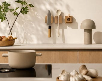 Kitchen Set | Magnetic Knife Holder, Utensil Holder & Spice Holder | No drill mounting for wall | Handmade Natural Kitchen Decor