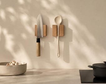 Kitchen Starter Set | Magnetic Knife Holder & Utensil Holder | Wall Mounted Kitchen Organizer | No Drill | Natural Oak Kitchen Decor