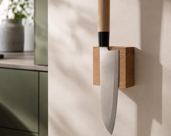 Kitchen Knife Holder | Magnetic Wall Mounted Knife Storage | Oak Kitchen Organizer | No drill mounting | Handmade Natural Kitchen Decor