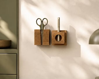 Desk Organizer Set | Oak Pen & Scissor Holder | Office Wall Storage | Japandi Office Decor | Minimalist Workspace Organizer