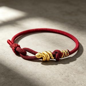 May include: A deep red cord bracelet featuring a gold-colored snake charm coiled between two knotted sections. The cord has a textured, woven appearance, and one side includes a small segment of multi-colored thread wrapping near the knot.