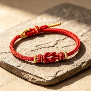 May include: A red braided cord bracelet featuring a central decorative knot flanked by two gold-toned metal beads. The bracelet includes a sliding knot closure mechanism with gold-toned metal accents at the ends of the cord, creating a circular shape.