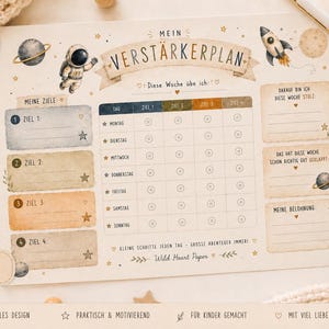 Op de afbeelding: Een wekelijkse planner met ruimtethema, met illustraties van een astronaut, planeten en een raket. De planner bevat secties voor doelen, dagelijkse taken en beloningen, met de tekst "Mein Verstärkerplan" bovenaan.