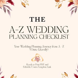 May include: A digital wedding planning checklist document featuring the text THE A-Z WEDDING PLANNING CHECKLIST, Your Wedding Planning Journey from A-Z (Quite Literally), Ready to Print PDF and Editable Canva Template Link, with floral borders.