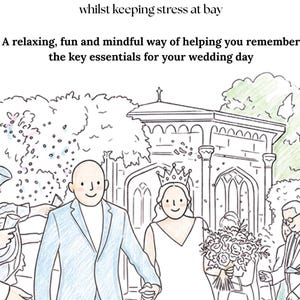 May include: A printable wedding checklist titled 'Colour As You Go' Wedding Checklist. The document features text about a wedding questionnaire and a line drawing of a couple in wedding attire, with the URL https://yourweddinghero.etsy.com at the bottom.