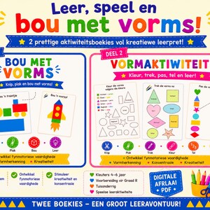 May include: Two educational activity books titled Leer, speel en bou met vorms! featuring colourful shapes, cutting, pasting, and drawing exercises for children. The digital PDF set includes pages for shape recognition, counting, and creative tasks.